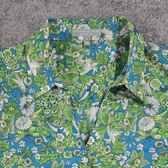 Foxcroft 100% Cotton Wrinkle Free Shaped Fit Blue Green Floral Button-Up Shirt - Picture 4 of 8